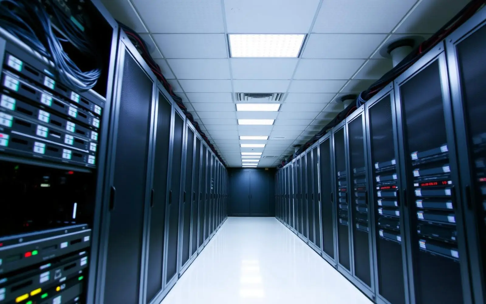 Rows of server racks inside a modern data center hall