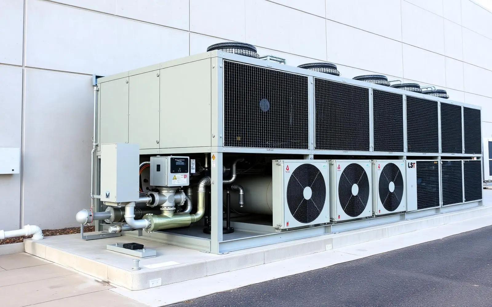 Industrial closed-loop chiller equipment outside a modern data center building