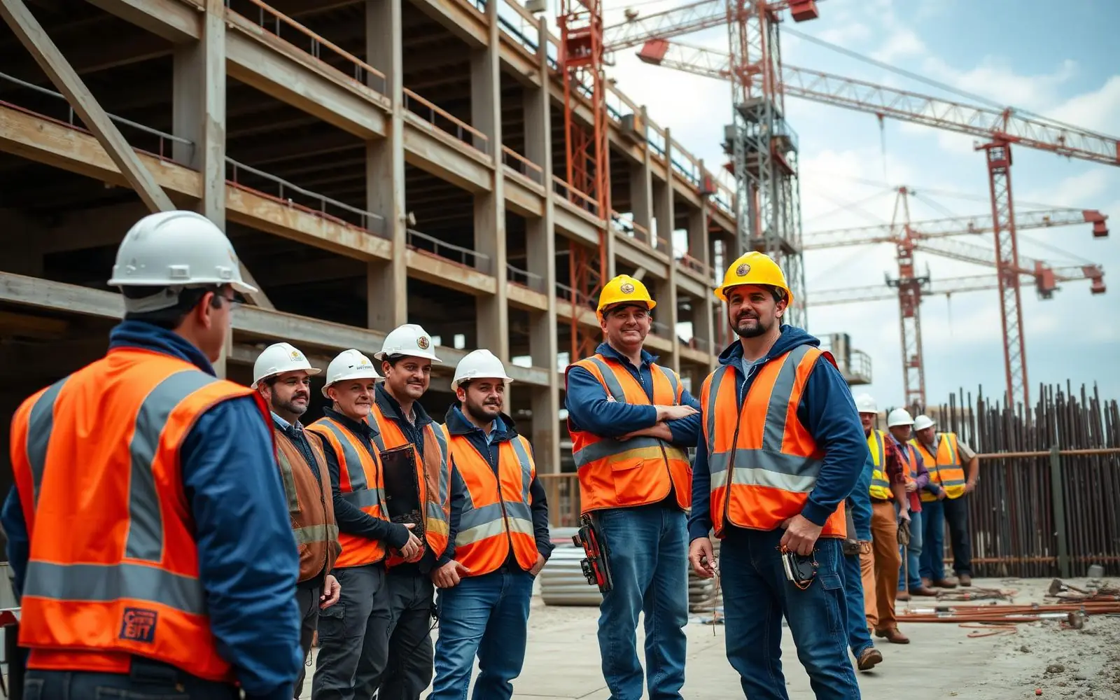 Skilled construction workers on an industrial building site